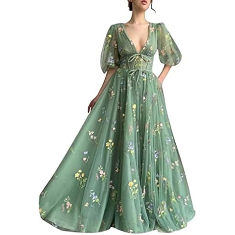 Yuxin Fair Puffy Sleeve Flower Embroidery Formal Dresses for Teens Long Sleeve Ball Gown Prom Evening Gowns for Women Green Us10 Cover