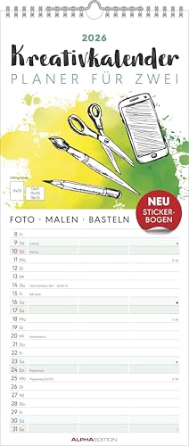 Alpha Edition - Kreativ-Kalender Planer für 2 – Bastelkalender 2026, 19,5×45 cm mit 3 Spalten – individuell gestaltbar mit Foto, Zeichnung & Bastelideen – Wandkalender inkl. Stickerbogen