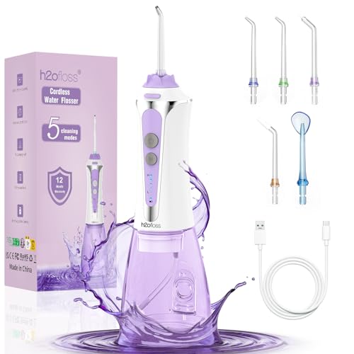 Water Dental Flosser Pick for Teeth, H2ofloss Portable Cordless Oral Irrigator, Rechargeable 5 Modes IPX7 Waterproof 300 ML Waterflosser Travel Flossing for Teeth, Gums, Braces Cleaning (Purple)