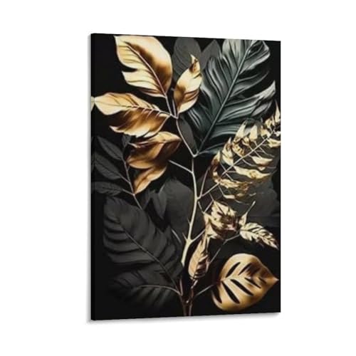HELIDM Black And Gold Foliage, Subtle Luxury in Every Leaf Canvas Poster Wall Art Decor Print Picture Paintings for Living Room Bedroom DecorationFrame-style-920x30inch(50x75cm)