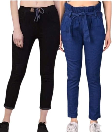 Women's Denim Blend Casual Jogger Pants, Black and Navy Blue, Drawstring Waist, Regular Fit (Combo Pack of 2)-picture-25