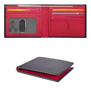 Echt lederen portemonnee voor heren – RFID Slim Bifold Creditcard ID Minimalistische Dunne Portefeuilles Cadeau voor Mannen, Zwart Koolstof/Rood, S, Casual