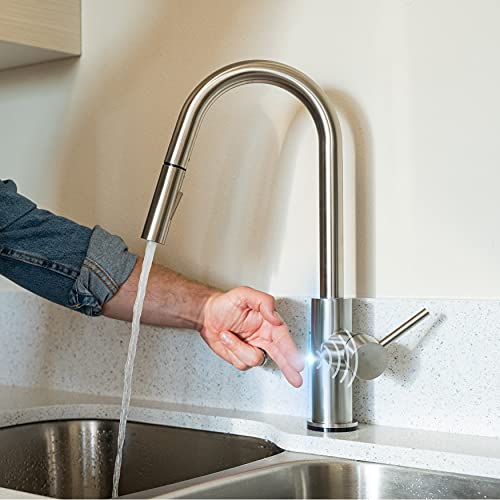 Image of Dura Faucet DF-NMK540-MB RV Touch Sensor Kitchen Faucet (Matte Black) | Pull-down sprayer toggles between aerated and spray streams and locks back in place; powered by four AA batteries.