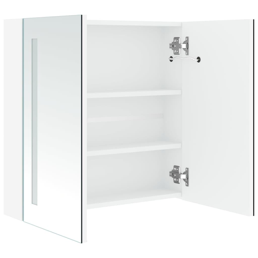 LED-Spiegelschrank 60x14x62 cm, Weiß, Glas, mit 2 Türen, 3 Einlegeböden, USB-Anschluss, Wandschrank für Badezimmer, Kosmetik, Rasur, Hautpflege, Floating Vanity
