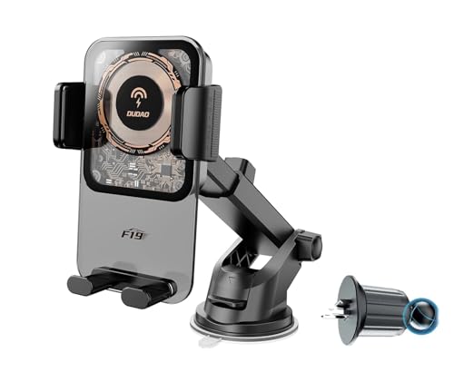 DUDAO F19 Wireless Car Charger, 15W Qi Fast Charging for Air Vent Windshield Dashboard Car Phone Mount, Long Arm 180° Suction Cup Holder for iPhone Samsung All QI, Transparent Clear View Design