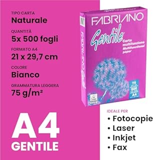 Carta A4 Economica per Stampante Fabriano Gentile, 5 Risme da 500 Fogli - 2500 Totali, Eurocali Carta da 75gr Per Ufficio, Fotocopie, Multiuso