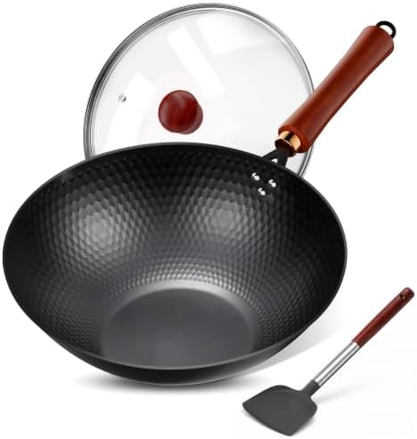 Carbon Steel Wok Pan Diamond Pattern, Woks & Stir-Fry Pans Nonstick With Lid | Eiocels 13" Flat Bottom saute wok pan