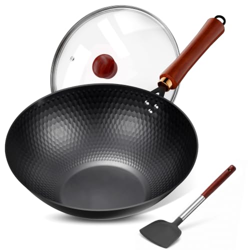 Image of Carbon Steel Wok Pan Diamond Pattern,Woks & Stir-Fry Pans Nonstick With Lid | Eiocels 13"Flat Bottom saute wok pan With Lid 5.6QT, PFOA/PTFE Free, with Spatula , Electric, Gas, All Cooktops