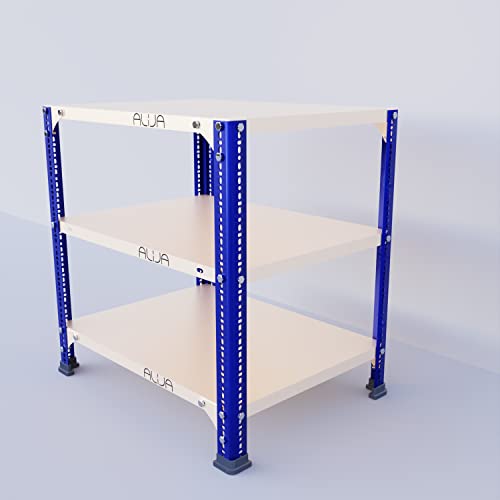 Image of ALIJA️ Slotted Angle Metal Rack (2 x 2 x 1.5 Ft. / 24 x 23 x 18 Inch) with 3 Shelves (Blue and Ivory, 20 Gauge Shelves, 14 Gauge Angle)