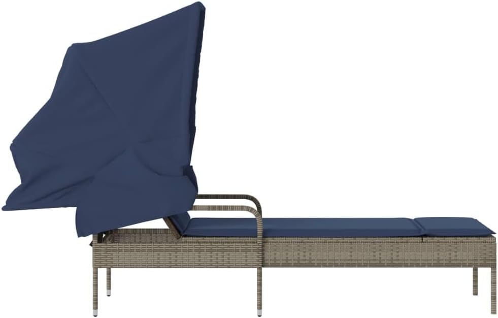 vidaXL Sun Lounger with Canopy and Table, Sun Bed, Garden Lounger, Patio Furniture, Outdoor Lounge Bed, Modern Style, Gray Poly Rattan