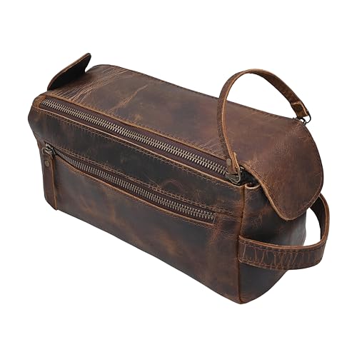 Autentico Leather Toiletry Bag for Men Travel Essentials Shaving Dopp Kit Buffalo Leather, Handmade Vintage Distressed Waterproof Grooming Organizer Cosmetic Case Unisex Use, Brown