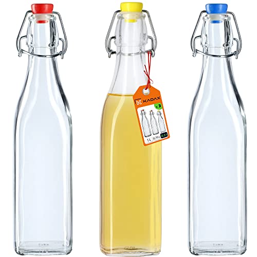KADAX Bouteille en Verre de 500ml avec Bouchon Hermétique pour la Conservation des Boissons, Parfaite pour le Kombucha et la Limonade (Lot de 3)