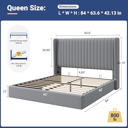 Image of Allewie Queen Size Lift Up Storage Bed Frame Channel Tufted Headboard Grey