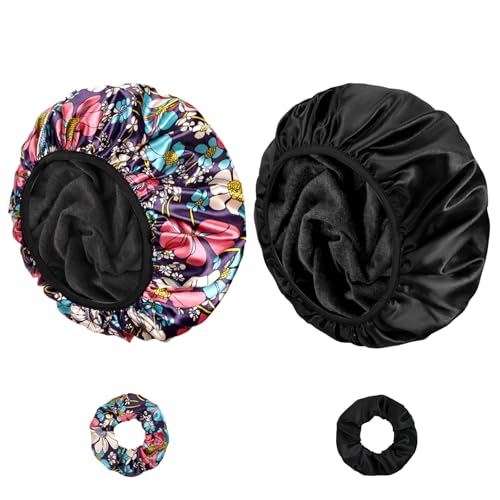 Happtiger Shower Cap for Women Set of 4, Bath Caps, Double Layers Hair Caps + 2 Satin Hair Scrunchies, Reusable Waterproof Shower Caps, Elastic Hair Cap for Shower - Pattern A 4 PCS