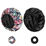 Shower Caps for Women, 2 PCS 3 Layers Terry Lined Shower Cap + 2 Satin Scrunchies, Waterproof Terry Cloth Bath Caps Elastic and Reusable Hair Cap for Shower - (Black+Flower B)