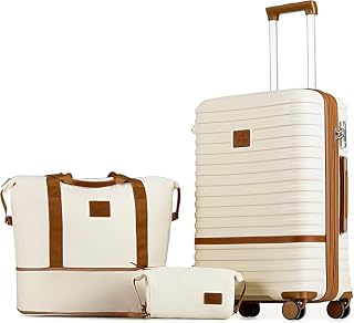 24 Inch Checked Luggage, Expandable Suitcase with Spinner Wheel, 3 Piece Hard Shell Luggage Set with TSA Lock(White)