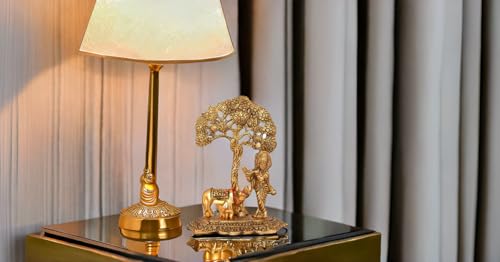 Image of Lavanaya Silver -Metal Krishna Playing Flute Idols Statue Murti with Kamdhenu Cow Standing Under Tree - Gold Plated Krishna Idol Showpiece for Home Office Temple Decorkrishna with Cow