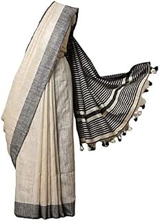 KIHUMS Women's Ivory Cream shade Handmade Pure Tussar Silk Saree with Blouse Piece Price In India