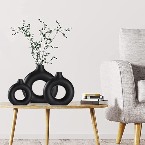 Image of White Donut Vase Hollow Ceramic Vase for Flowers Handmade Minimalist Style Modern Home Decor Round Shape Table Party Living Room Office Bedroom (Black S. M L)