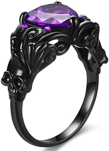 Gothic Skull Black Rose Flower Rings Women Purple Red Love Heart Zircon Crystal Valentine's Day Anniversary Engagement Mother's Day Gift Party Biker Jewelry (Black-1-Purple, 10)