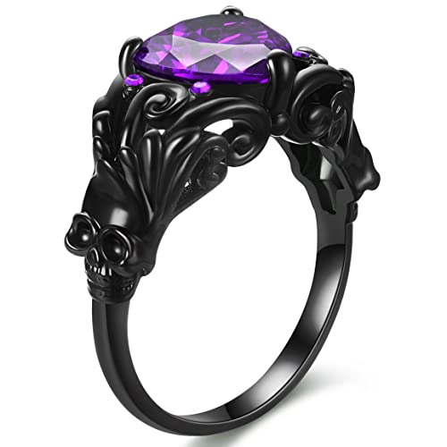 Gothic Skull Black Rose Flower Rings Women Purple Red Love Heart Zircon Crystal Valentine's Day Anniversary Engagement Mother's Day Gift Party Biker Jewelry (Black-1-Purple, 10) #TOP25