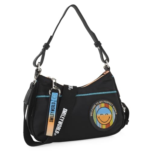Smiley World - Damen Handtasche Schwarz, Umhängetasche Mittelgroß, Crossbody Bag, Polyester, Einheitsgröße