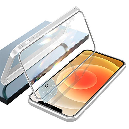 Ellmi Coque pour iPhone 12 Mini Anti Séparé Droit Couper Aluminium Cadre Verre Trempé 360 Protection Housse Étui Métal Cover pour iPhone 12 Mini - Argent Cover
