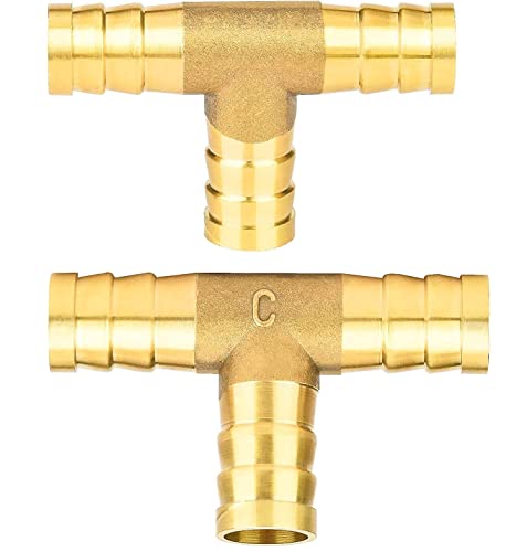 nutmanel 2 Pack Brass Hose Barb Tee, 10mm Brass Hose Connector T-Piece 3 Way for Hose Connections