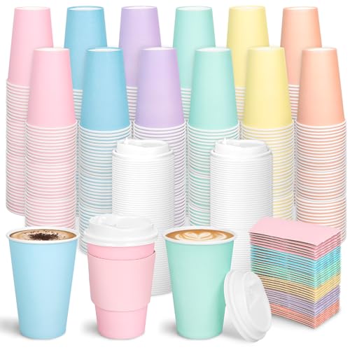 Whaline 120 Set Spring Easter Disposable Coffee Cups with Lids and Sleeves 12 Oz Pastel Color To Go Travel Paper Drinking Cups for Hot Cold Beverage Silly Goose Wedding Birthday Baby Shower Tea Party