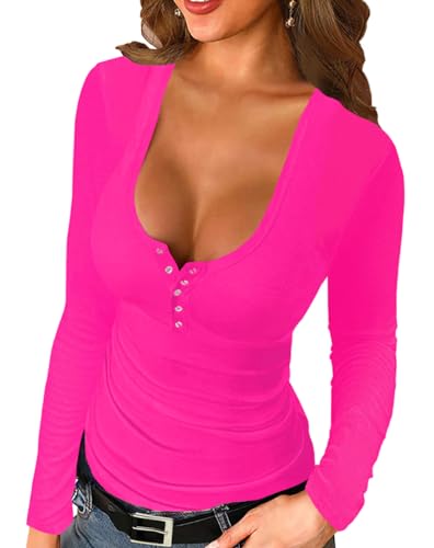 Afibi Women Long Sleeve Tops Scoop Neck Low Cut Slim Fitted Henley Shirt Ribbed Basic Tee Shirts Tops (Small, Coral)