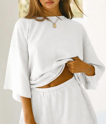 Image of Tankaneo Womens Pajama Sets 3 /4 Sleeve Oversized Tops & Loose Fit Shorts Lounge Set with Pockets Loungewear