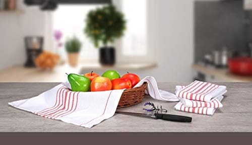 Native Fab Set of 12 Tea Towels, 100% Pure Cotton Kitchen Dish Towels Set with Hanging Loop, Thick Bar Towels, Soft Absorbent Durable Washable Kitchen Tea Towels 36 x 64 cm Red White