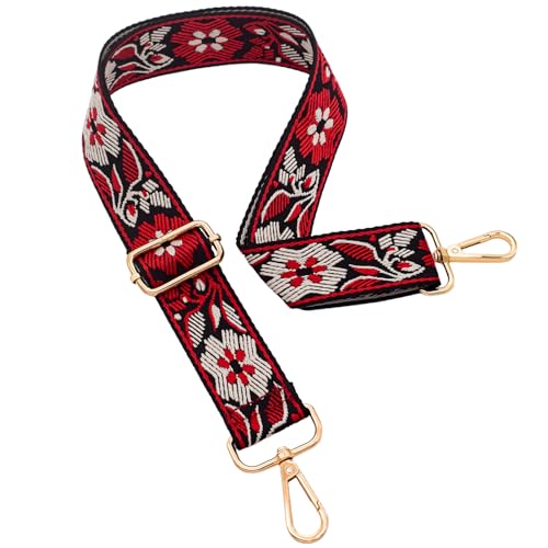 ROYGBCP Replacement Purse Strap Shoulder Strap Adjustable Crossbody Strap for Women Crossbody Wide Shoulder Bag, Red Floral-gold Metal, Width: 1.5 inches (3.8cm), Length: 28"~50" (65-130cm), Modern