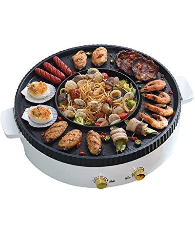 2in1電気グリルと鍋1700W一体型炊飯器ノンスティック無煙BBQしゃぶしゃぶ鍋家庭料理用屋内フライパン,白