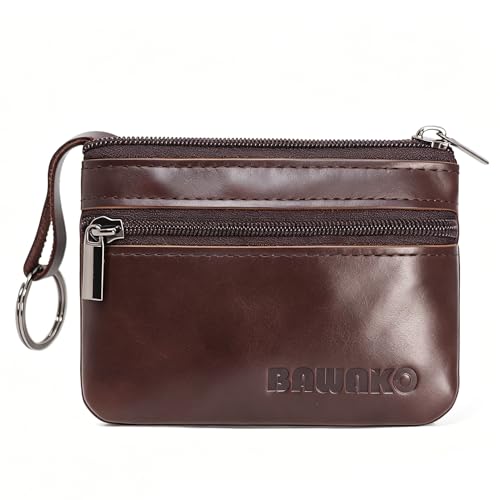 BAWAKO Porte-monnaie en cuir véritable, petit porte-monnaie pour homme et femme, avec deux compartiments, fermeture éclair, porte-clés, mini porte-monnaie en cuir, portefeuille, S, marron, S
