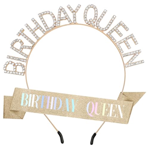 Birthday Sash for Women,Birthday Crowns Tiara Crown Adult Woman,Gold Glitter Rhinestone Tiaras Headband Gold Queen Sash for Girls Princess Party Decorations Accessories Valentines Gifts for Women