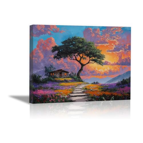 Tableau paysage chaumière et sentier fleuri pour créer une ambiance relaxante dans votre salon