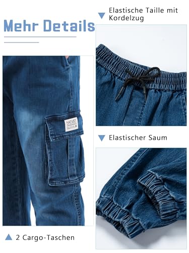 NATUST Jungen Cargohose Kinder Freizeithose Jogginghose Jungs Cargo Jeans mit Elastischem Bund Blau 128-134 (Herstellergröße: 130)