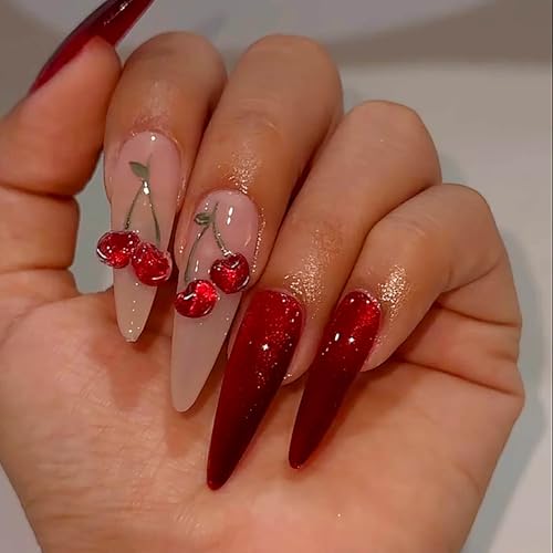 Red Press on Nails Long Stiletto Glue on Nails Almond Shape with 3d Cherry and Cat eye Design for Women and Girls for Christmas Parties Dances or Daily Use 24pcs