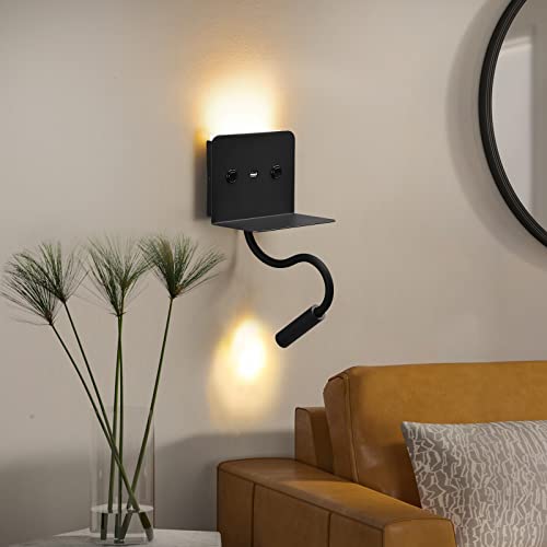 Cosylux Swing Led Wall Sconce Plug In Cord For Bedroom With Usb Charging Port Shelf, Warm White Mounted Wall Lamp Light Fixture For Living Room Reading Bedside, Modern Night Light Wall Decor, Black #TOP2