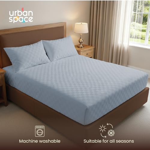 Image of Urban Space 100% Cotton 300TC Jacquard bedsheets for King Size Bed, Pure Cotton Bedsheet King Bed, Checks bedsheet King Size with 2 Pillow Covers (108 x 108 Inches, Greyish Blue Cubes)