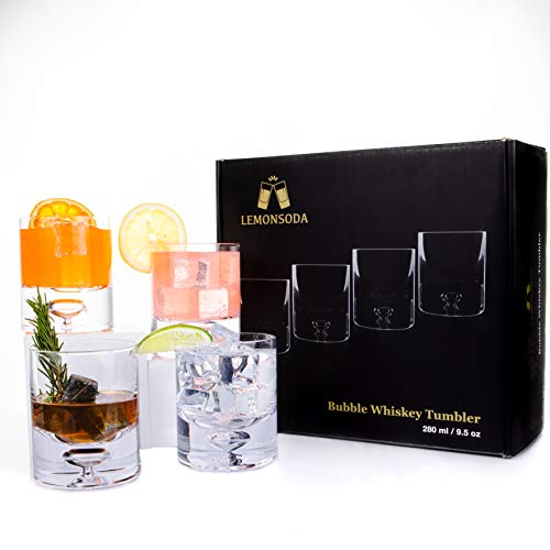 Lemonsoda Crystal Bubble Base Whiskey Glass Tumbler - Set Of 4 - Fully Sealed Heavy Bottom Bubble Base - Great For Scotch Whiskey, Old Fashion, Manhattan, Bourbon, Cocktails And More #TOP4