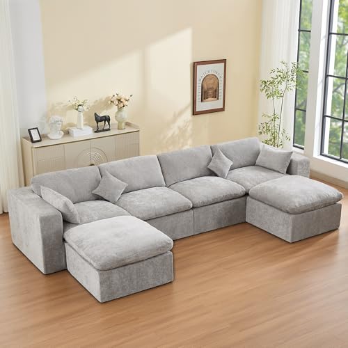 Image of 146''Cloud Boneless Sectional Couch, Modular Sectional Sofa Deep Seat with 2 Ottomans, Oversized Upholstered Convertible Comfy 6 Seater Chenille Sofa U Shape Couches for Living Room, Light Grey