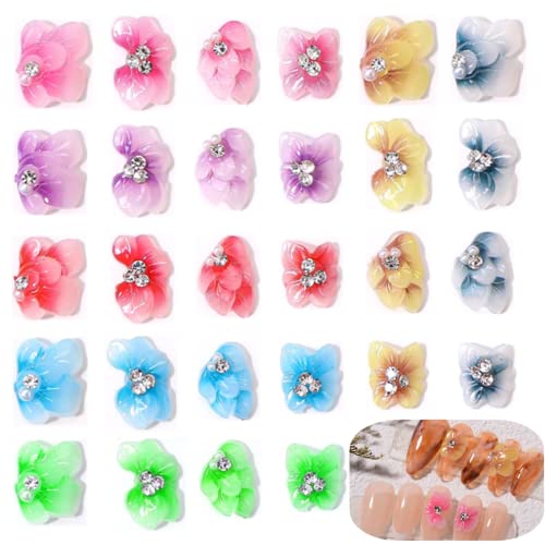 28Pcs 3D Luxury Metal Alloy Petal Flowers Nail Art Rhinestones Charms Shiny Nail Crystal Diamonds Gems Manicure Nail Flowers Jewelry Studs (Resin Flowers) #TOP11