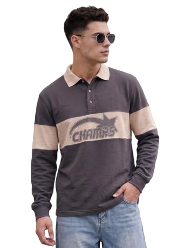 Image of Veirdo Men's Loopknit Cotton Oversized Baggy Fit | Full Sleeve Polo T-Shirt | Casual Streetwear with Ribbed Cuffs Travel | Sizes: S to XXL