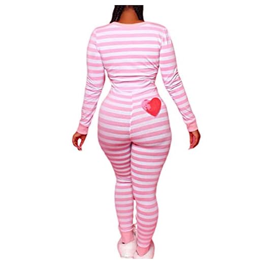Women Striped One Piece Pajama Union Suit Underwear Set Long Sleeve Christmas Jumpsuit Sleepwear (Pink, L)