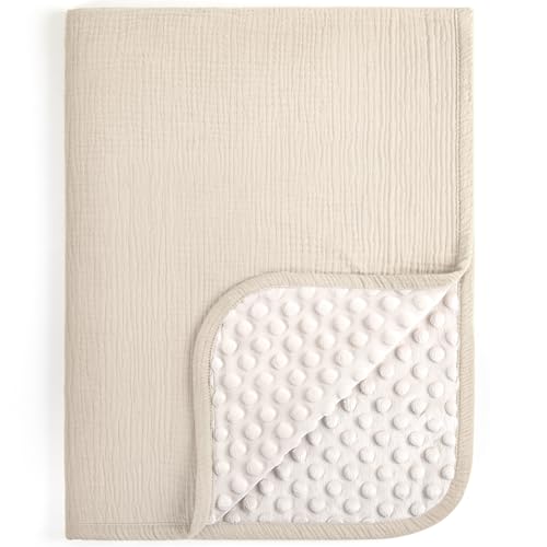 lulumoon Koc niemowlęcy dla noworodka: Minky Dot & Muslin lekki – koc termiczny prezent na baby shower i powitanie szpitala 76 cm x 102 cm (kość słoniowa)