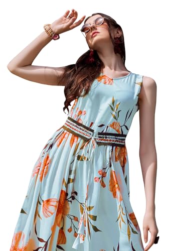 Image of EthnicJunction Women's Silk Blend Anarkali Floral Print Sleeveless Kurta with Attached Blet