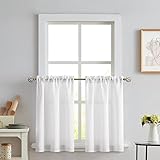 Melodieux White Semi Sheer Tier Curtains 36 Inch Length for Kitchen Cafe Bedroom Small Windows, Rod Pocket Linen Look Short Kitchen Curtain Tiers, 2 Panels