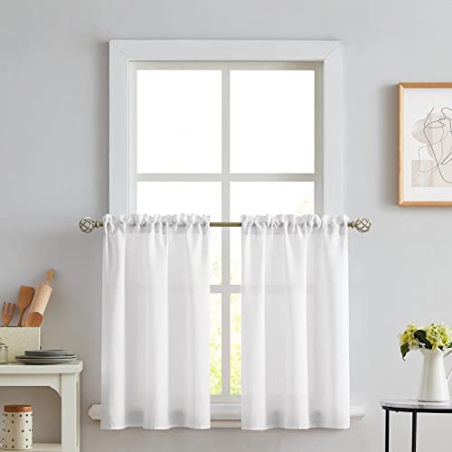 Melodieux White Semi Sheer Tier Curtains 36 Inch Length For Kitchen Cafe Bedroom Small Windows, Rod Pocket Linen Look Short Kitchen Curtain Tiers, 2 Panels #TOP29